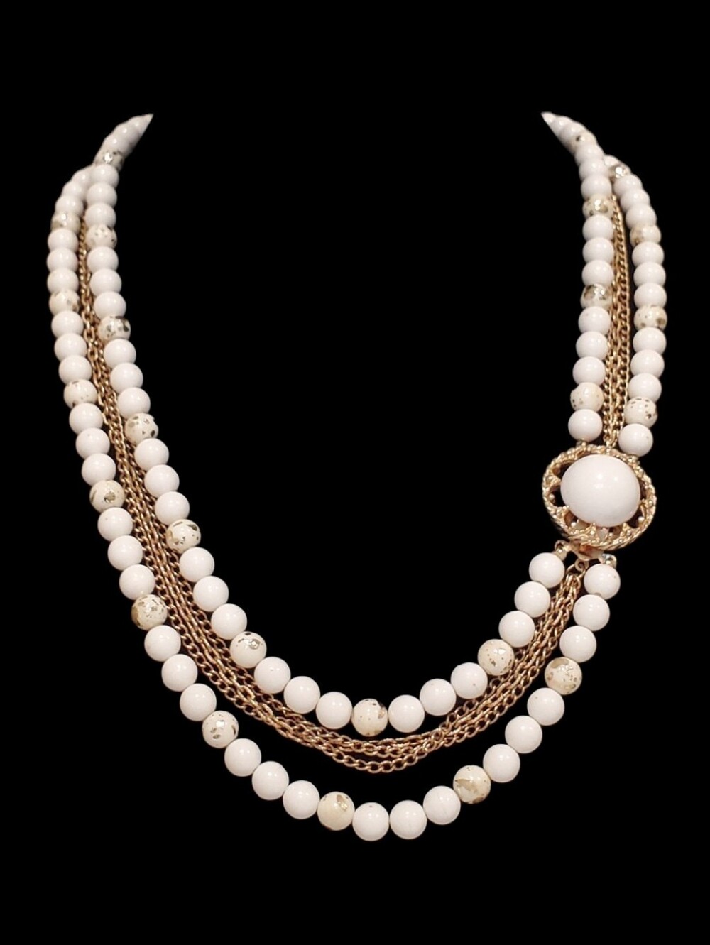 Vintage Estate Multi-Strand White Bead & Gold-Tone Chain Statement Necklace 23"